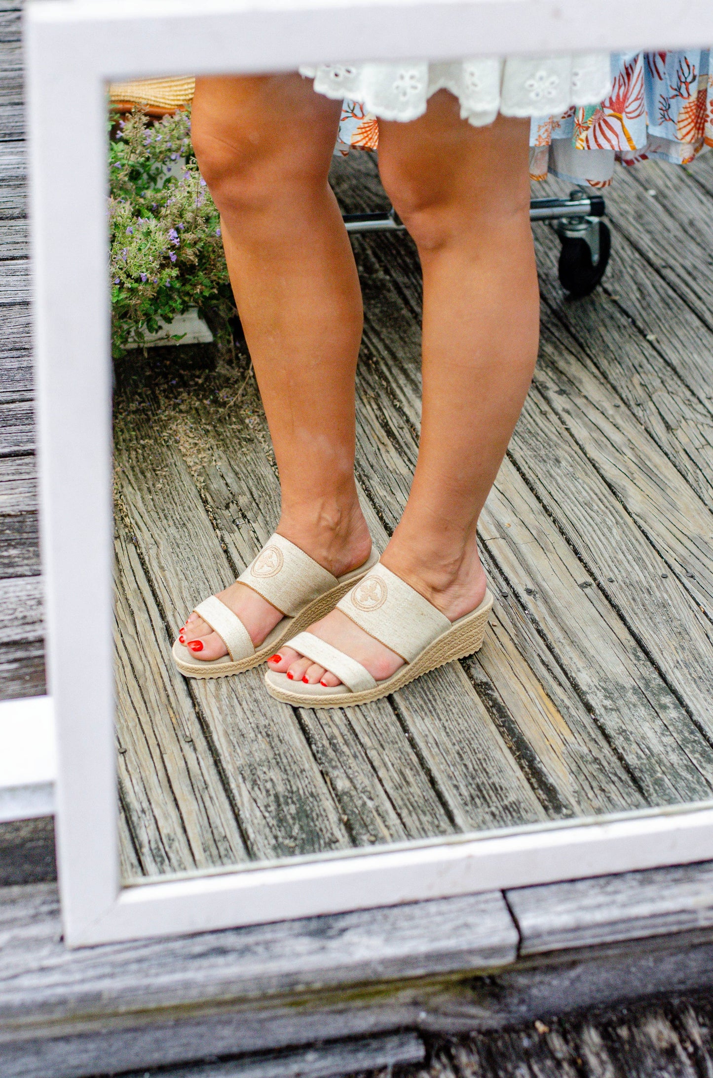 Ashley Linen Logo Wedge Sandals