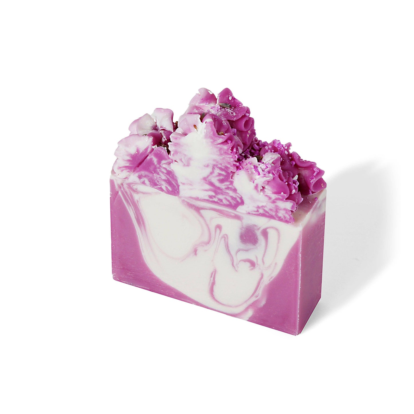 Handmade Lavender Lullaby Bar Soap with pink-white marbling, flower swirls, glitter top. Available sizes: 3oz, 5oz.