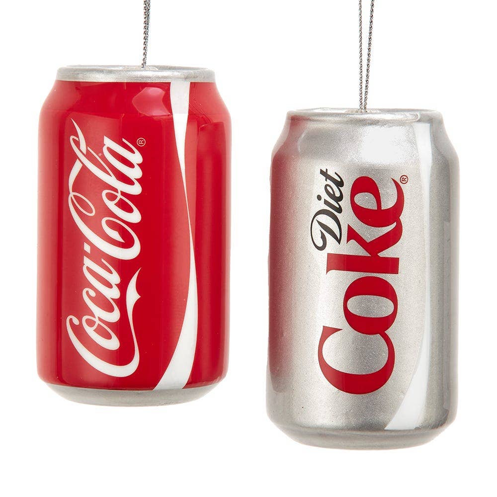 Set of two 3.5" hanging ornaments: one featuring a classic red "Coca-Cola" can design, the other a silver and white "Diet Coke" can with its logo. Available in 3.5" size only.