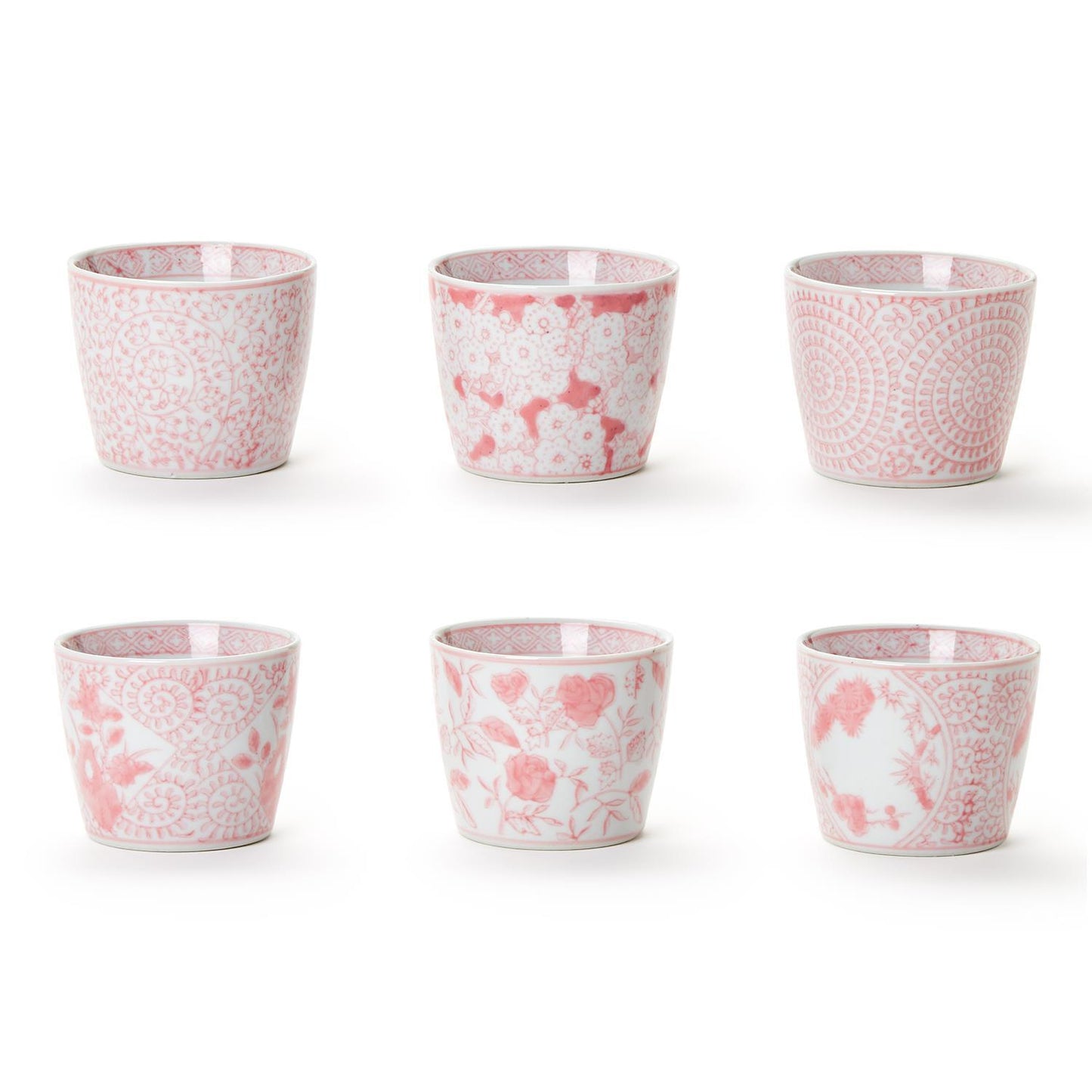 Pink Chinoiserie Cachepot with hand-painted floral and geometric designs on white porcelain. Available in small and large sizes.
