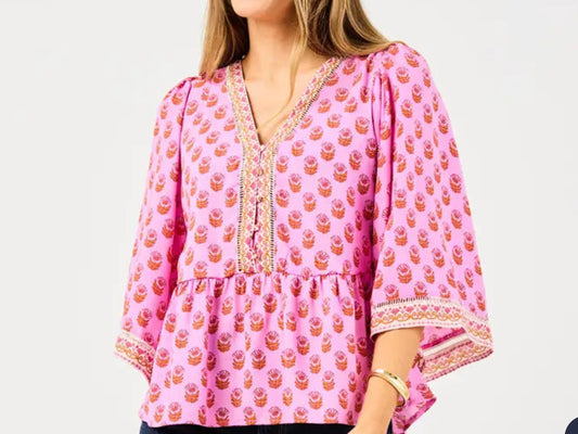 Monroe Floral Foulard Top: pink blouse with floral print, decorative trim, subtle peplum; available in XS-XL.