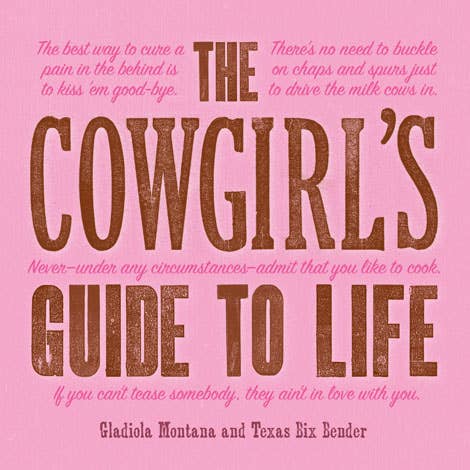 Pink "Cowgirl's Guide to Life" book cover, bold brown title, playful quotes. Available sizes: standard paperback.
