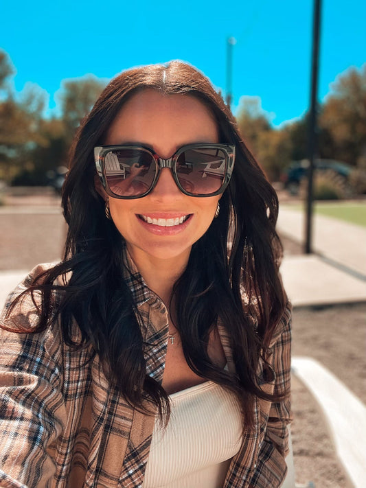 Zara Brown Sunglasses with black ombre lenses; available in sizes S, M, L.