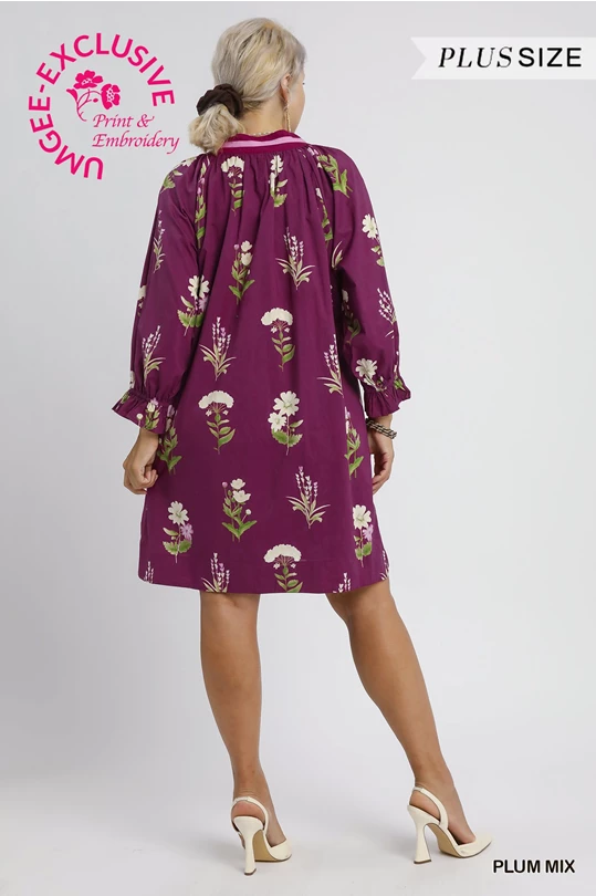 Janie Floral Tunic Dress: loose, knee-length, purple floral, long sleeves. Plus size exclusive. Sizes: 1X-5X.
