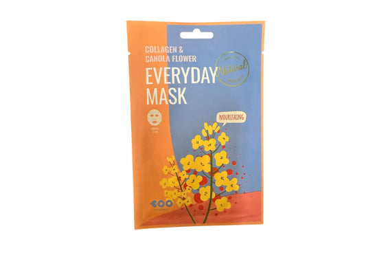 Orange and blue Face Mask with collagen, canola flower, "nourishing" and "natural" labels; available in 1 sheet, targets dark circles.