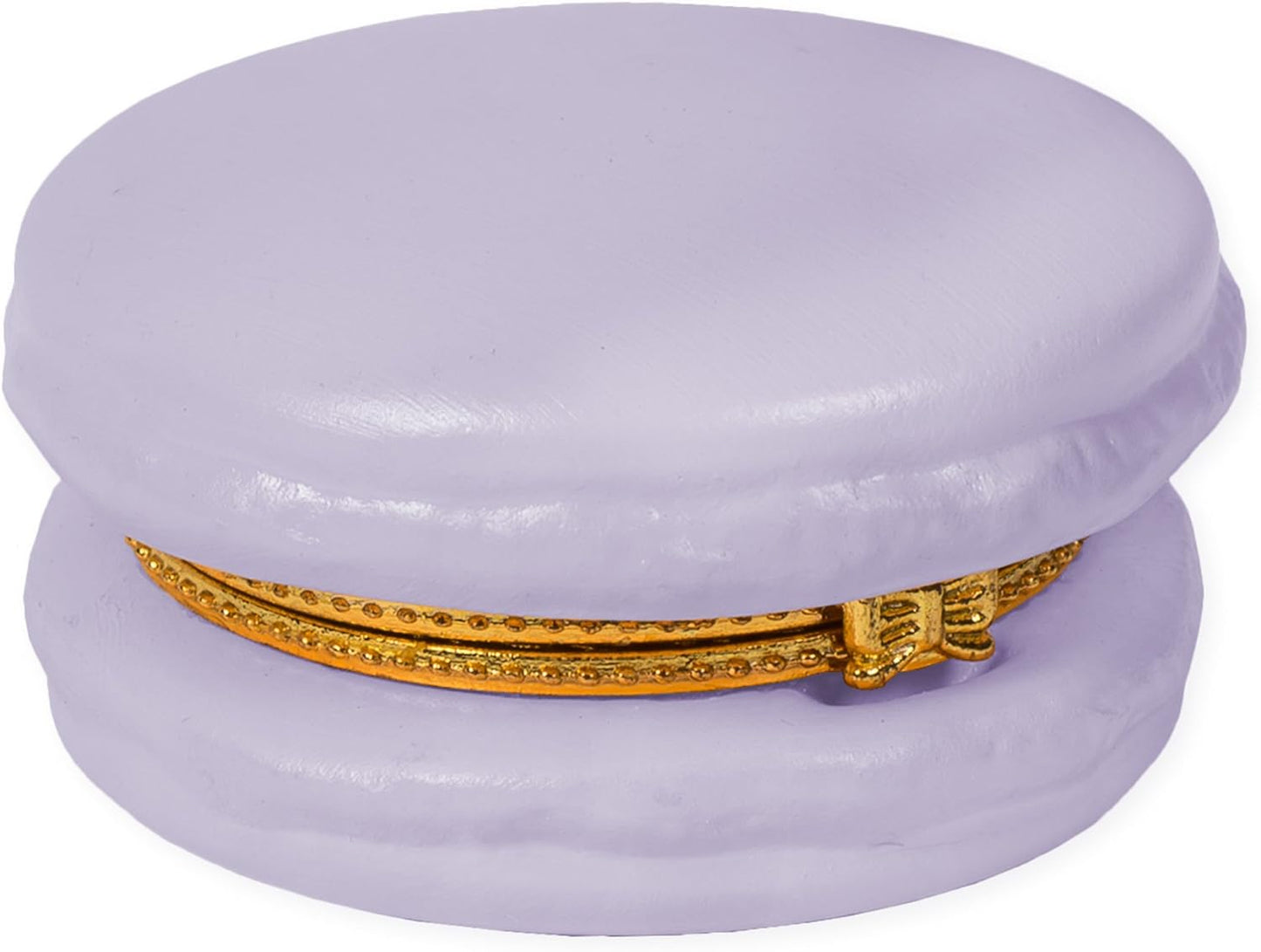 A lilac-colored ceramic Macaron Limoge trinket box featuring a golden clasp shaped like a sparkling belt. Available in one size.
