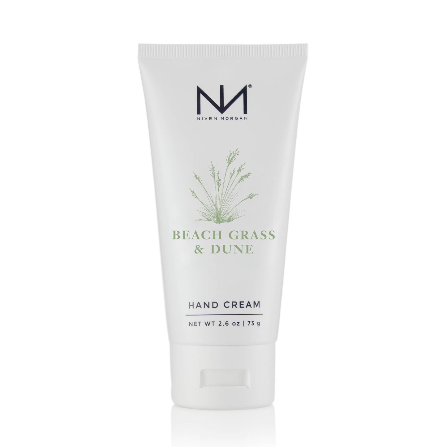 White tube of Beach Grass & Dune Travel Hand Cream, grass design, flip-top, 2.6 oz (75 g), with organic aloe vera.