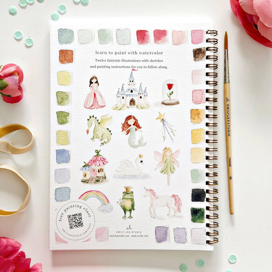 Spiral-bound Fairytale Watercolor Workbook with whimsical cover art. Available sizes: standard (8.5"x11").