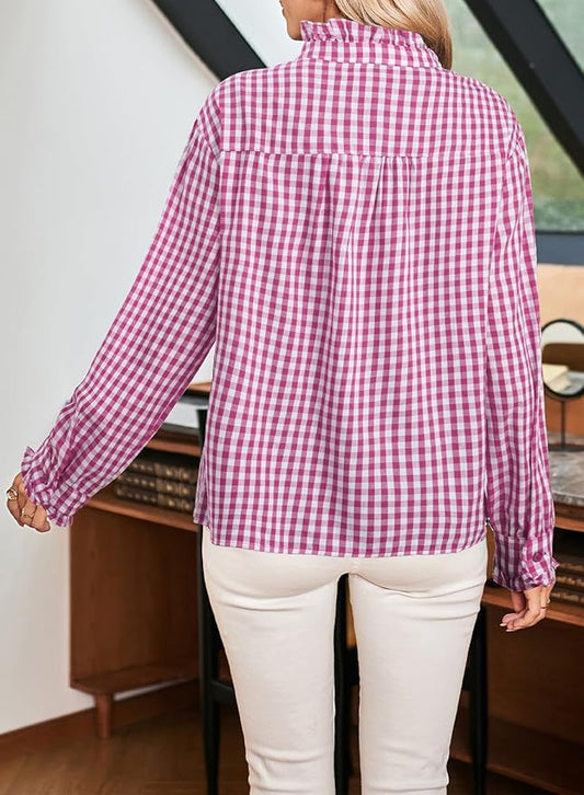 ***PREORDER Pink Gingham Long Sleeve Ruffle Shirt