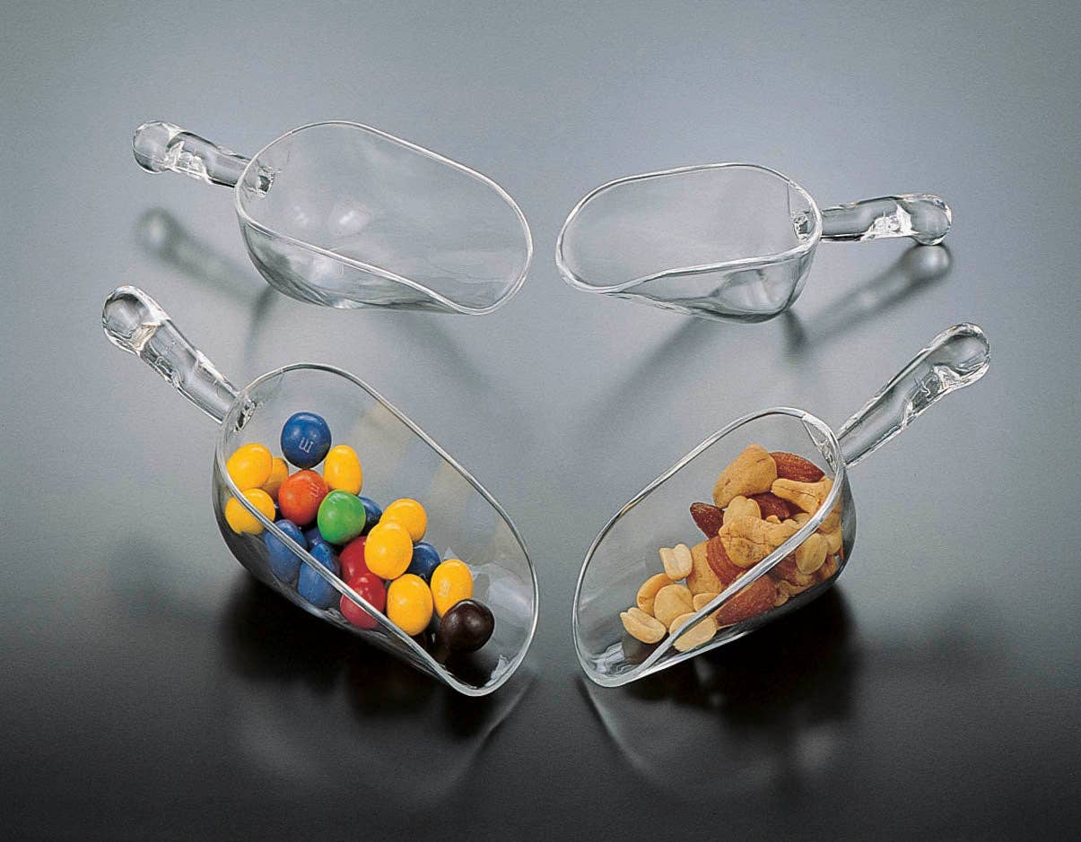 Four 3 1/2-oz clear scoops with durable construction. Two scoops filled with candy-coated chocolates and nuts. Sizes: 3 1/2 oz.