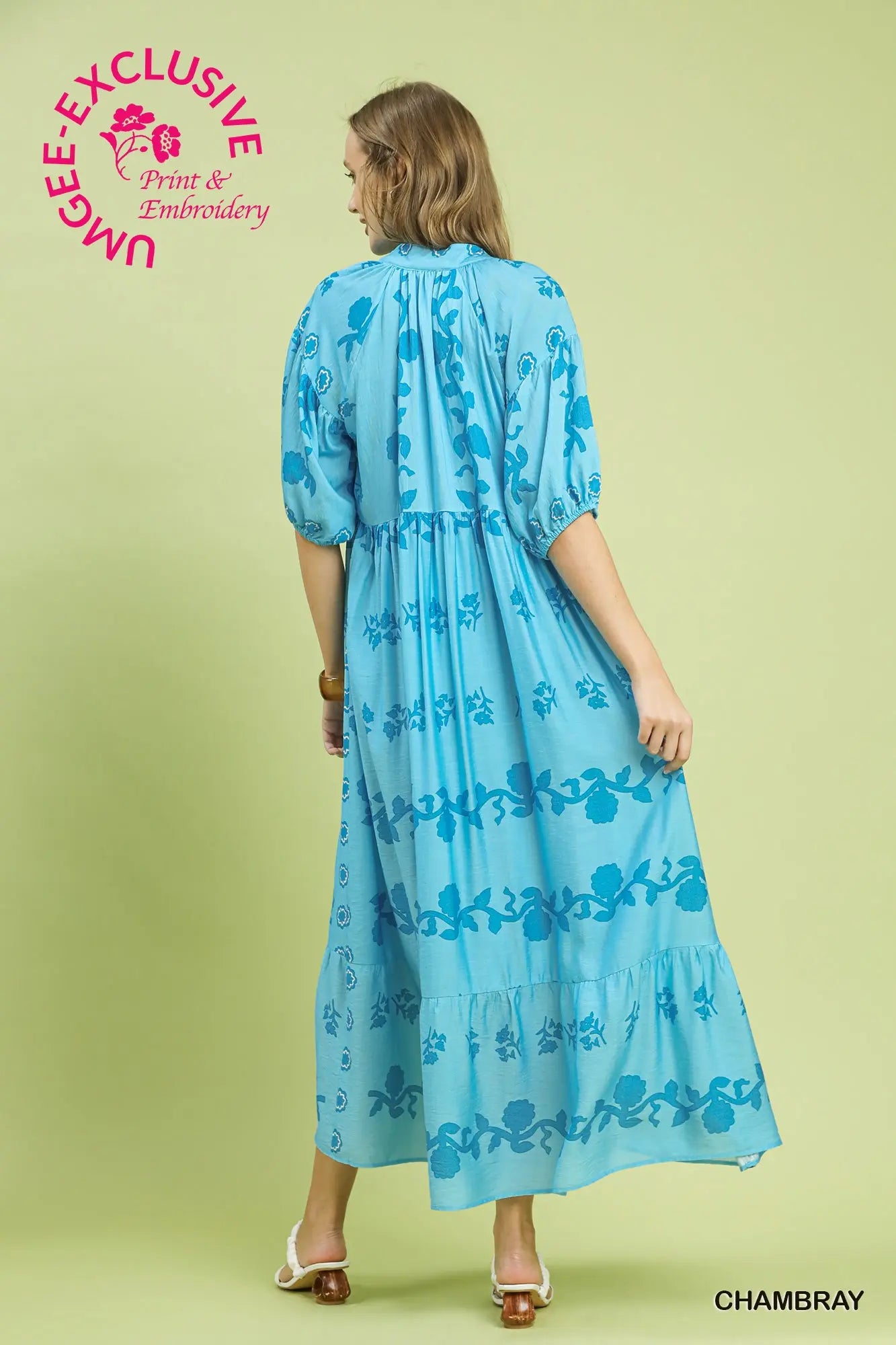 Chambray Vine Stippling Print Maxi Dress with floral embroidery, puff sleeves, tiered skirt, and vine stippling print. Available in sizes XS-XL. UNCHGEE EXCLUSIVE Print & Embroidery.