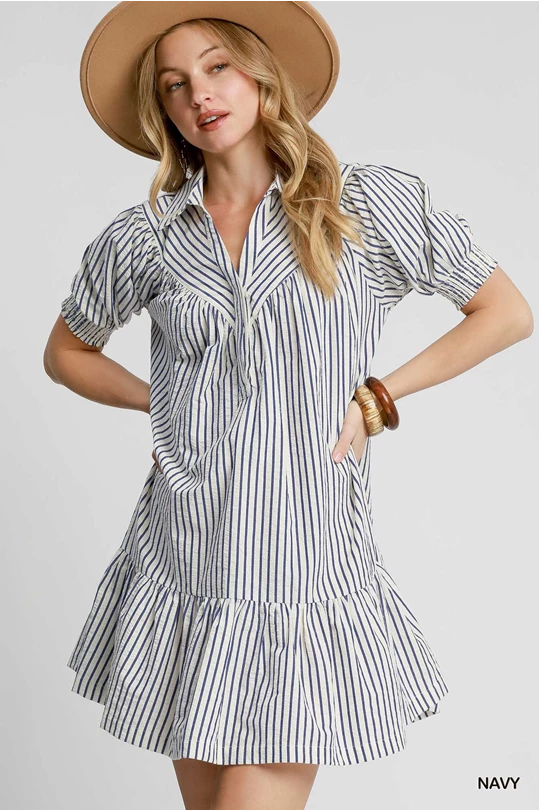 Margot Striped Dress with vertical stripes, available in sizes XS-XL.