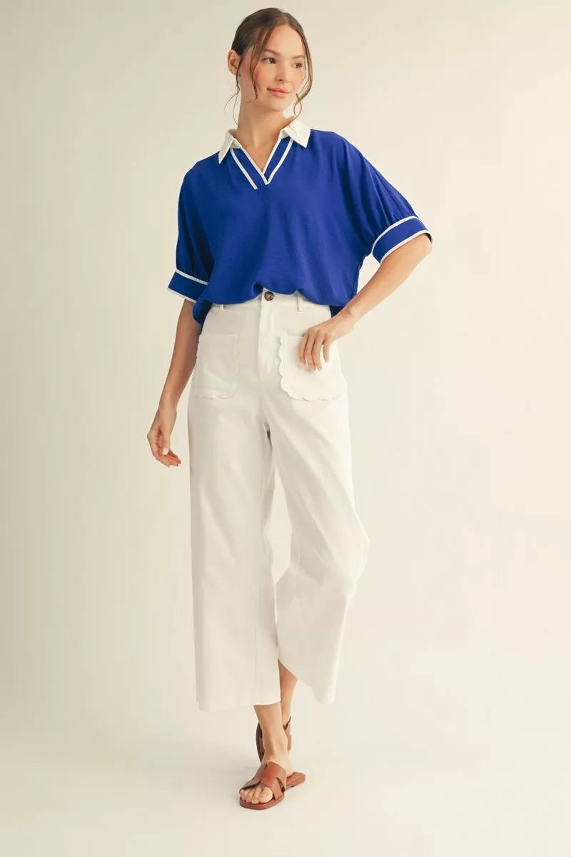 Scalloped Pocket Off White Pants, available in sizes XS-XL.