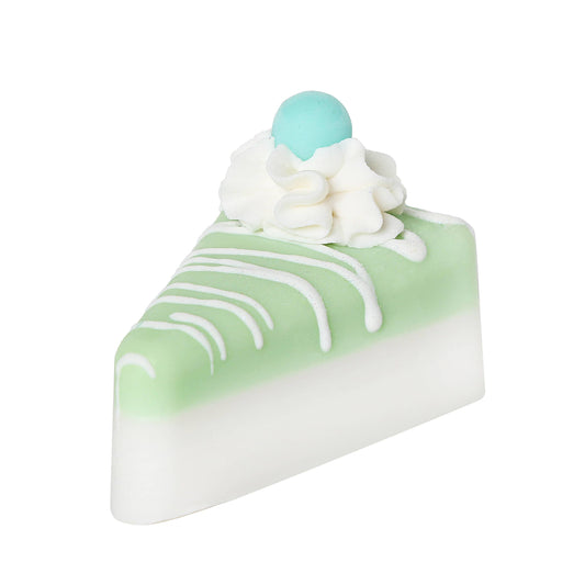 Green and white pie soap slice with white cream swirl, blue accent. Available in 2oz and 4oz sizes. Fruity artisan formula.