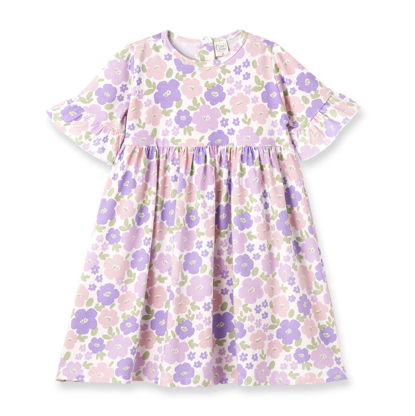 Eco-friendly knee-length dress, short sleeves, ruffled details, pastel floral print. Available in sizes XS–XL.