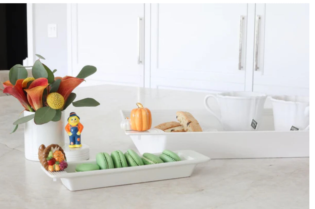 Cracker Tray Pinstripes shown; available in small, medium, and large sizes. White with pinstripe design.