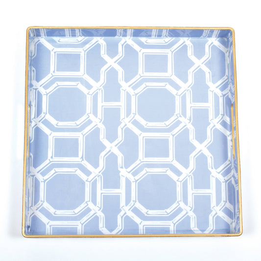 Square tray with gold edge, blue-and-white octagon and rectangle pattern. Available in multiple sizes.