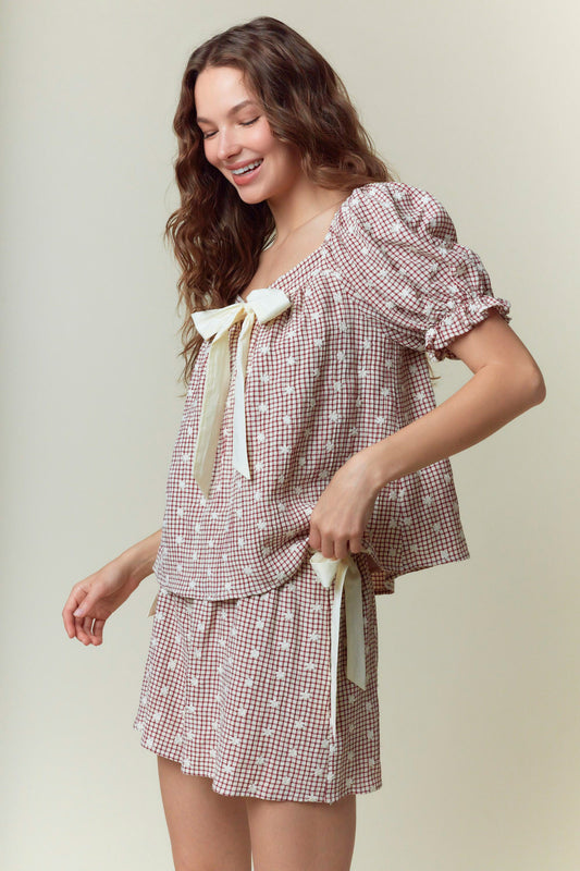 Gingham Embroidered Short Set: pink/white gingham, puffy sleeves, cream bows. Sizes: XS-XL.