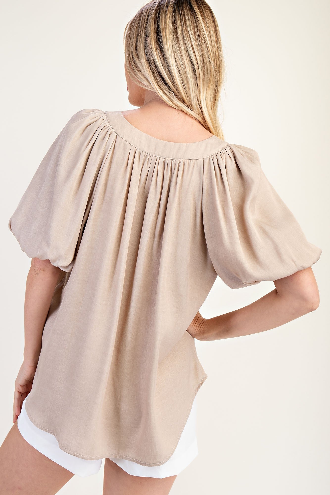 Cathleen V-Neck Balloon Sleeve Top in taupe with gathered neckline, loose fit. Available in sizes XS-XL.