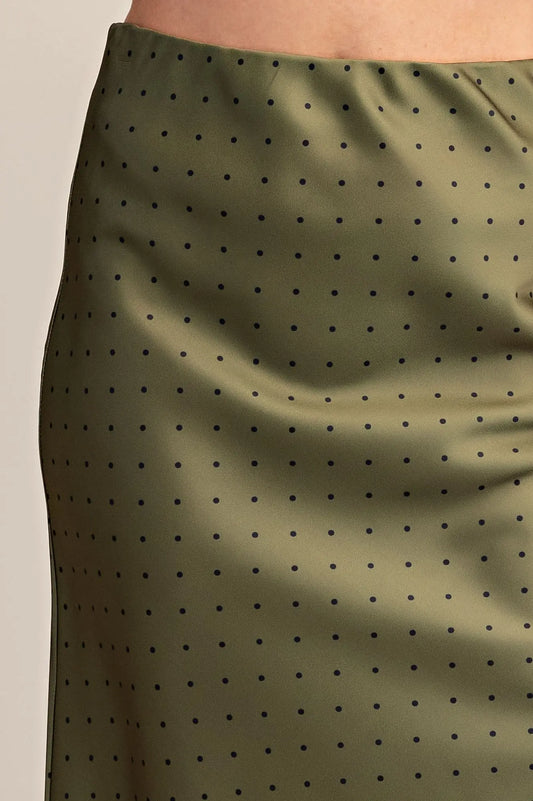 Green Polka Dot Satin Skirt with small navy dots, smooth shiny finish; available in sizes XS-XL.
