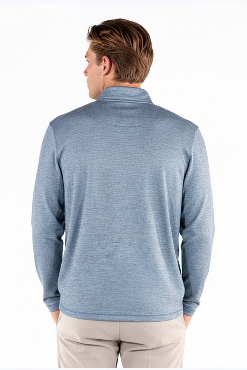 Men’s Denim Heather Quarterzip shown from the back; available in sizes S-XXL.