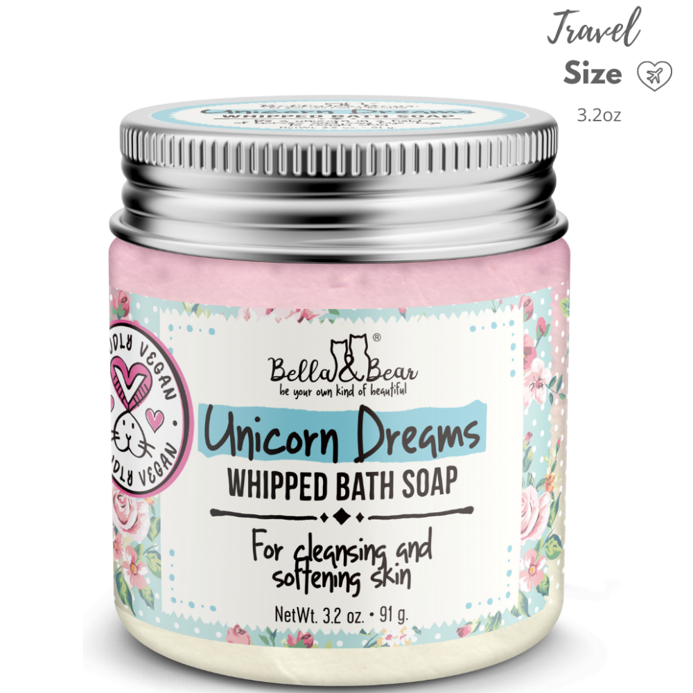 3.2oz Unicorn Dreams Whipped Bath Soap | Shave Cream mini with silver lid, floral label, vegan, travel size.