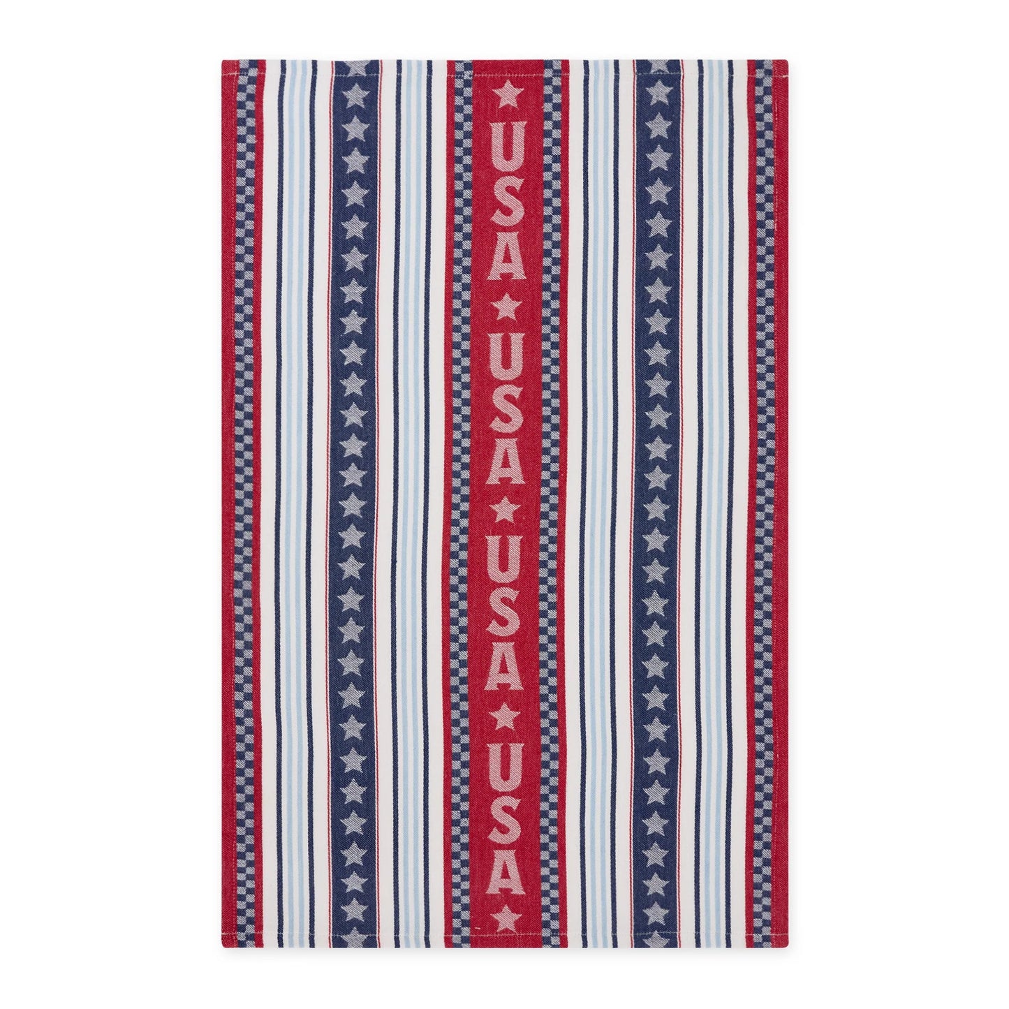 Set of 2 rectangular cotton dish towels with red, white, blue stripes, stars, "USA" text. Available in one standard size.