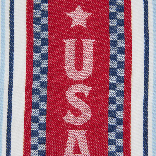 Dishtowel with vertical red stripe, "USA" and stars, blue-white checks; size: 18"x28". Patriotic kitchen decor.