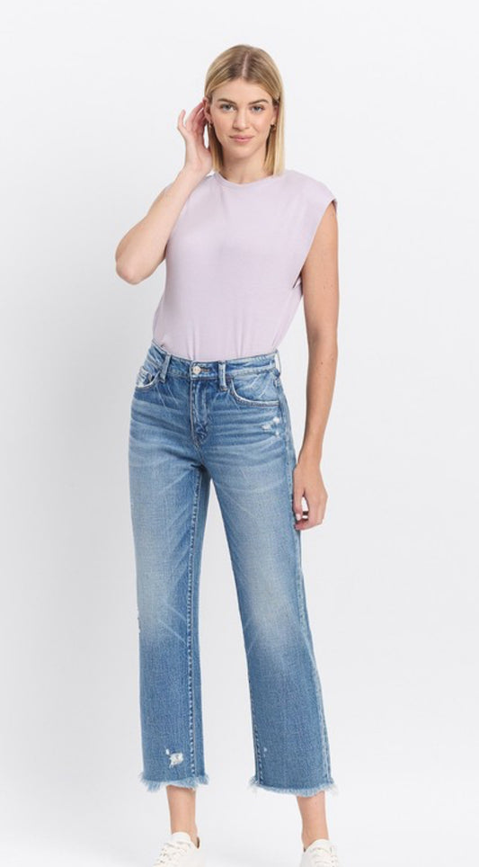 Periwinkle High Rise Frayed Hem Straight Jeans. Available in sizes 24–32.