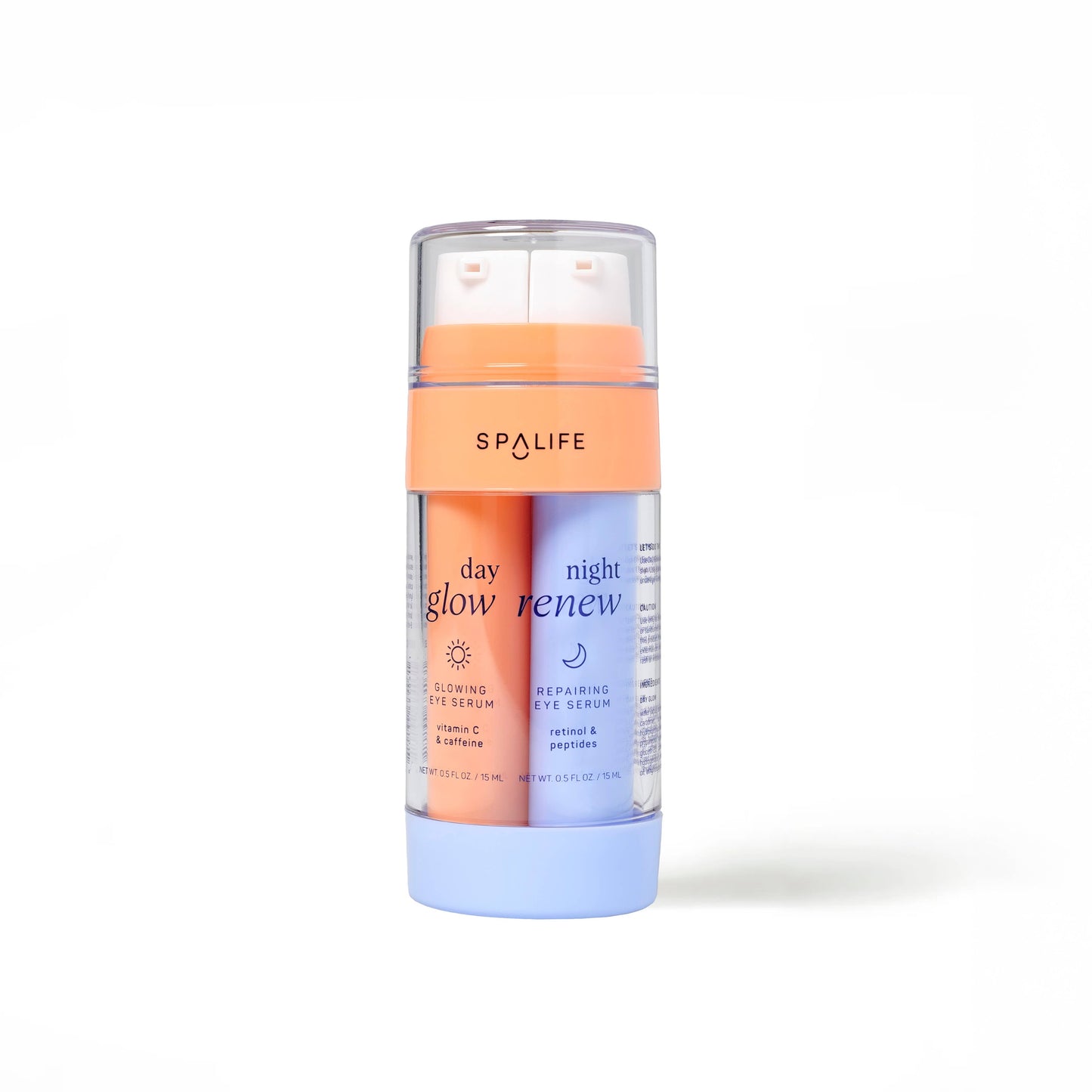 The Day & Night Dual Korean Eye Serum Set | Brighten + Renew includes a compact dual-chamber bottle labeled “SpaLife,” with orange (day glow) and blue (night renew) serums for eye care. The container features sun and moon icons to distinguish day and night use. Available sizes: not specified.