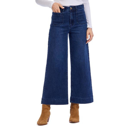 Jake Wide Leg Jeans: high-waisted stretch denim, large front pockets. Available in sizes 24–32.