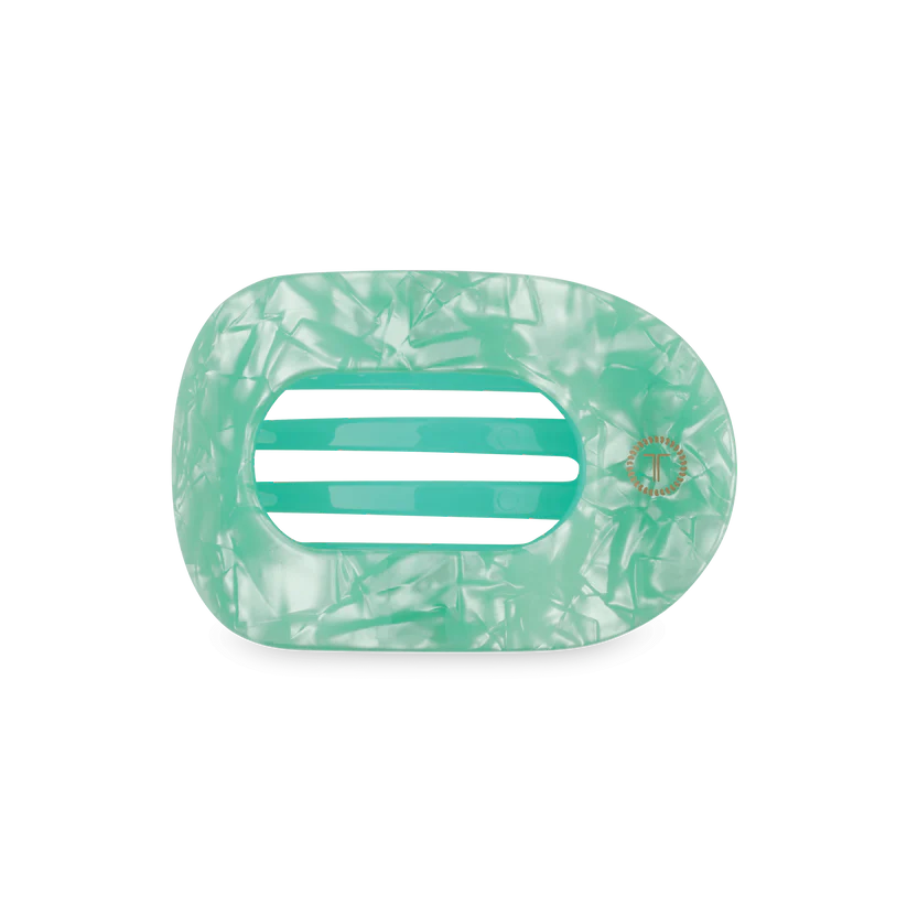 Rectangular pastel blue marbled hair clip with open center, three slots, rounded edges; available in multiple sizes.