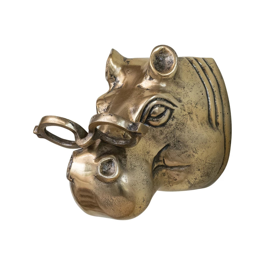 Brass hippopotamus wall hook with open mouth for eyeglasses, antique finish. Available in small and large sizes.
