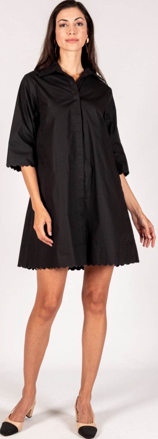 A Black Poplin Button Up Dress Scalloped Hem with a button-up front and scalloped edging. Available in sizes S to XL.