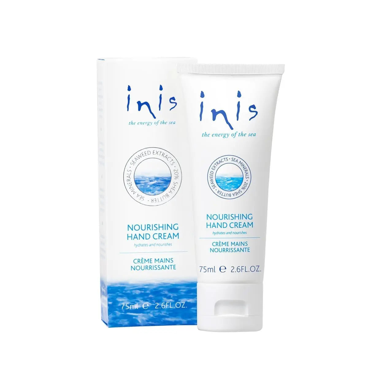 Inis Nourishing Hand Cream, 75ml tube, enriched with sea minerals and shea butter for deep hydration.