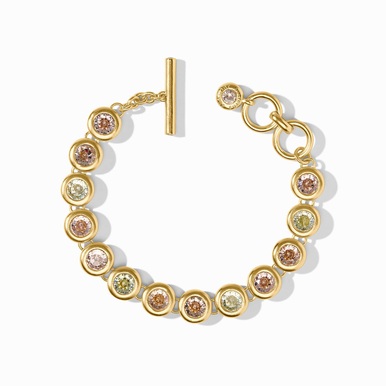 24K gold-plated bracelet with pink, yellow, and blue gemstones, round links, toggle clasp. Sizes available: S, M, L.