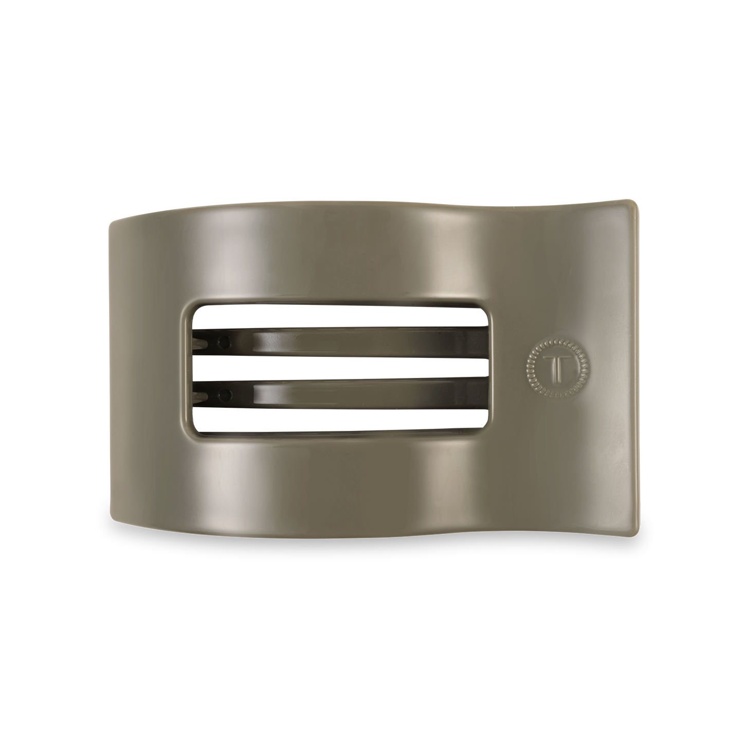 Khaki TELETIES Flat Rectangle Hair Clip with curved shape, two inner prongs, small side circle. Available in various sizes.