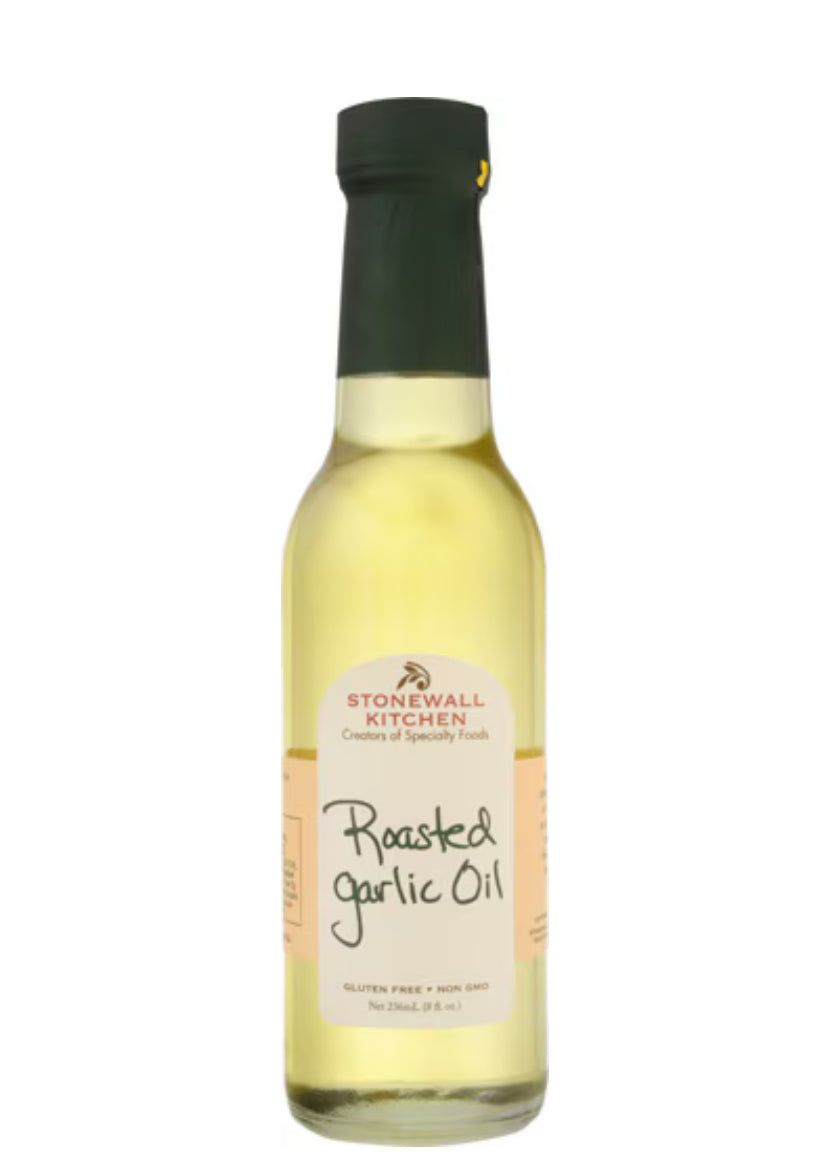 Stonewall Kitchen Roasted Garlic Oil: 8.5 fl. oz. (250 ml) glass bottle with dark green cap; gluten-free and non-GMO.