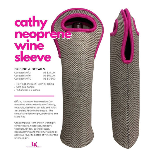 Two Cathy Wine Sleeves with herringbone neoprene, pink piping/handles. Available in 750ml and magnum sizes.