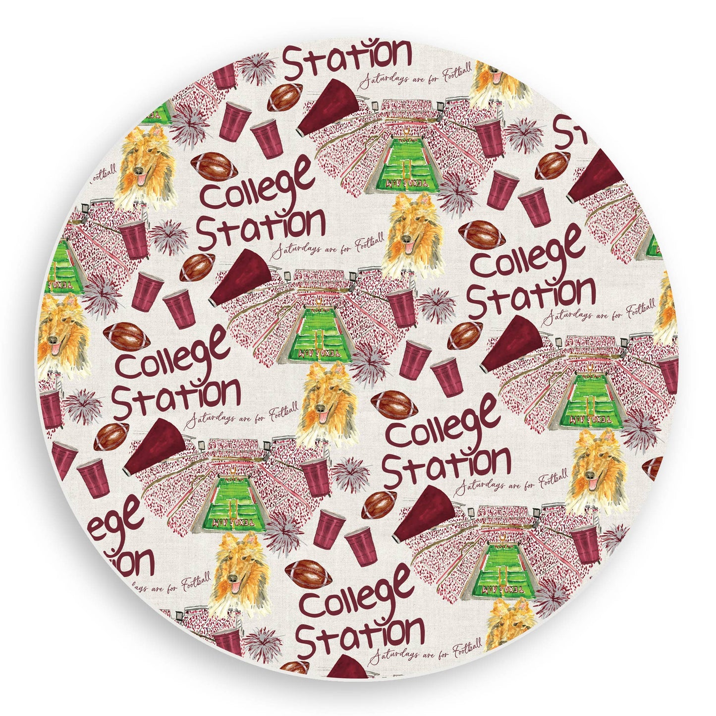 Texas A&M Football Pattern Vinyl Placemat with maroon graphics; antimicrobial. Sizes: 12"x18".