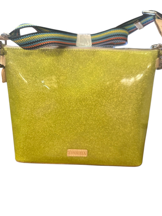 Yellow glittery crossbody bag with multicolored strap, pink front label. Available sizes: small, medium, large.