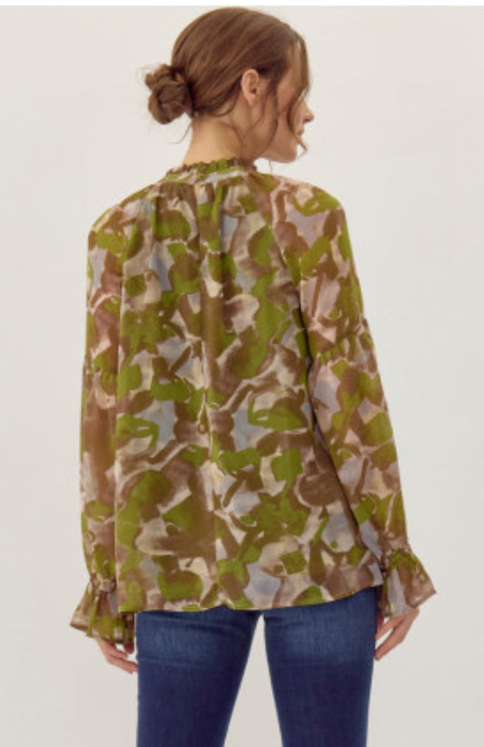 Print Poet Top: chiffon blouse, frilled neck, green/beige/white abstract pattern. Available in sizes XS–XL.