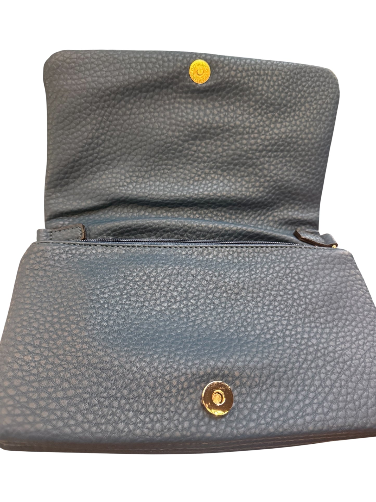Phiona Studded Flapover Crossbody wallet in dark gray with gold snap, main compartment and inner zip pocket. Sizes: S, M, L.