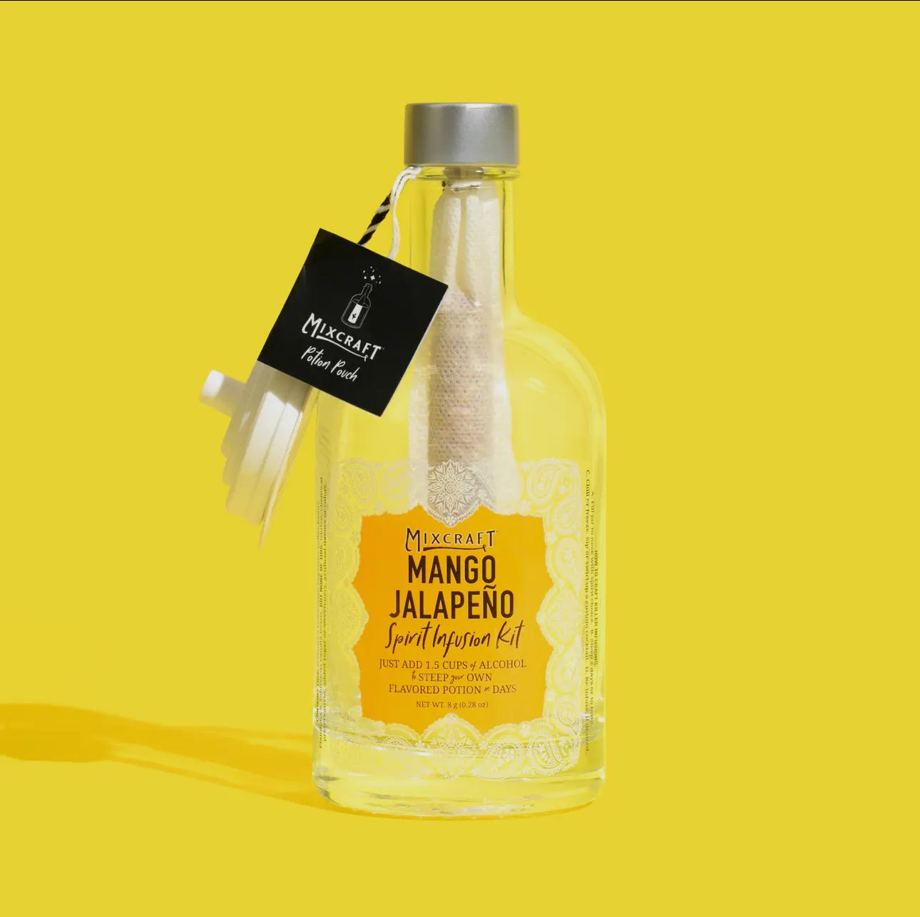 Spirit InFusion Kit: clear bottle with yellow label, tag on neck. Available sizes: 375ml, 750ml.