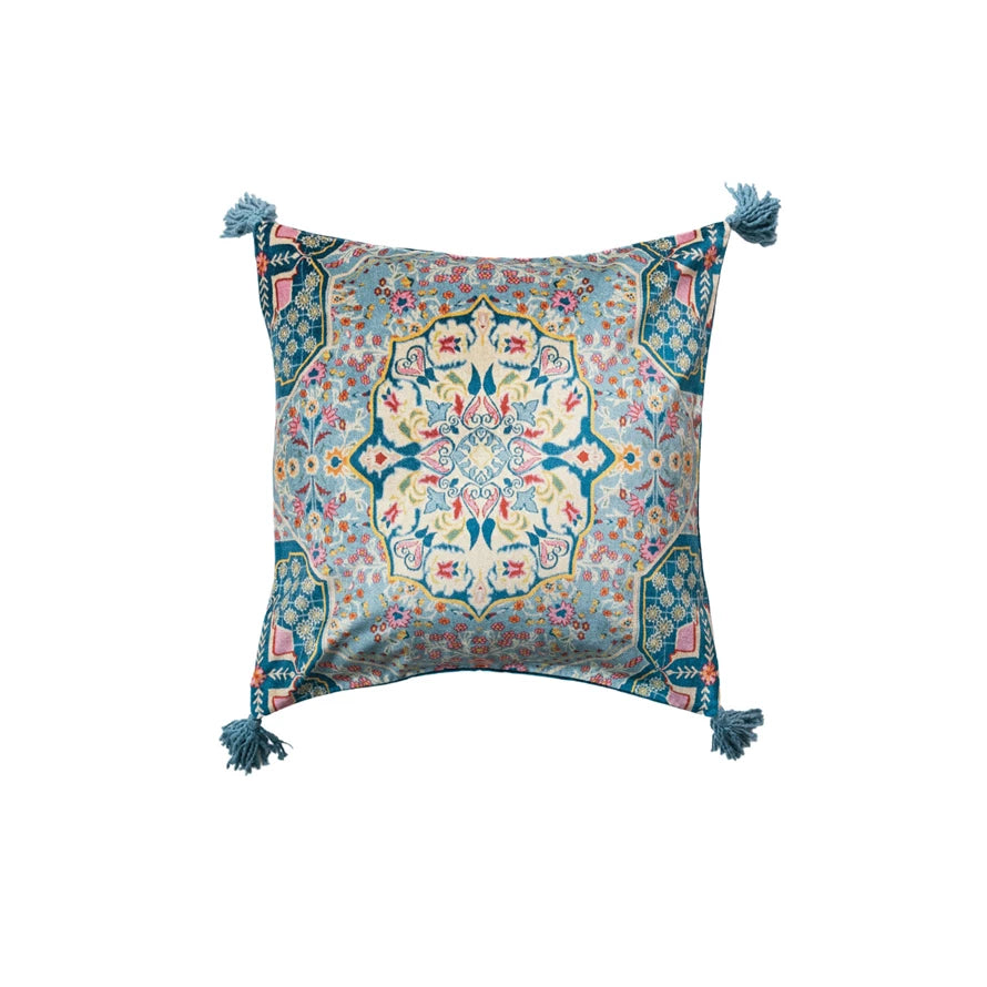 20” square cotton-blend velvet pillow with blue, pink, and yellow floral-geometric print; blue tassels at corners.