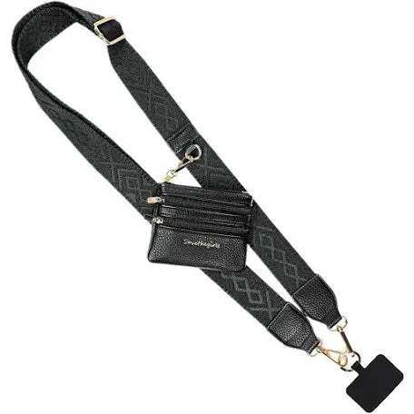 Black phone crossbody pouch with gold hardware, cardholder, adjustable strap, and clip chain. Available in multiple sizes.