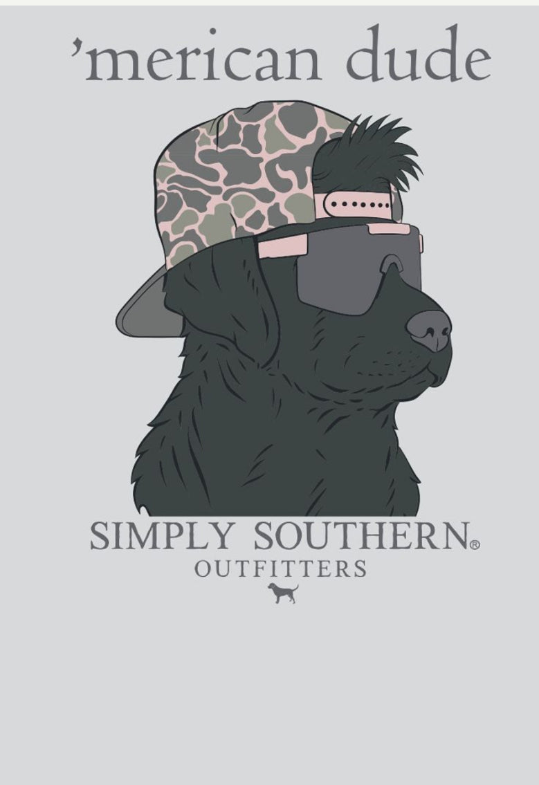 Illustration of a black dog wearing sunglasses and a camo hat, labeled "Dude Whitewater TShirt" above and "Simply Southern outfitters" below, with a small pig logo.