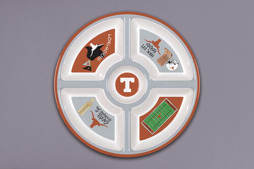Texas 5 Section Melamine Platter, round with five divided sections, features Texas Longhorns logos, football field graphics, corn illustrations, bold text, and a central "T" in burnt orange, white, and gray. Durable melamine. Available size: one platter (approx. 15-inch diameter).