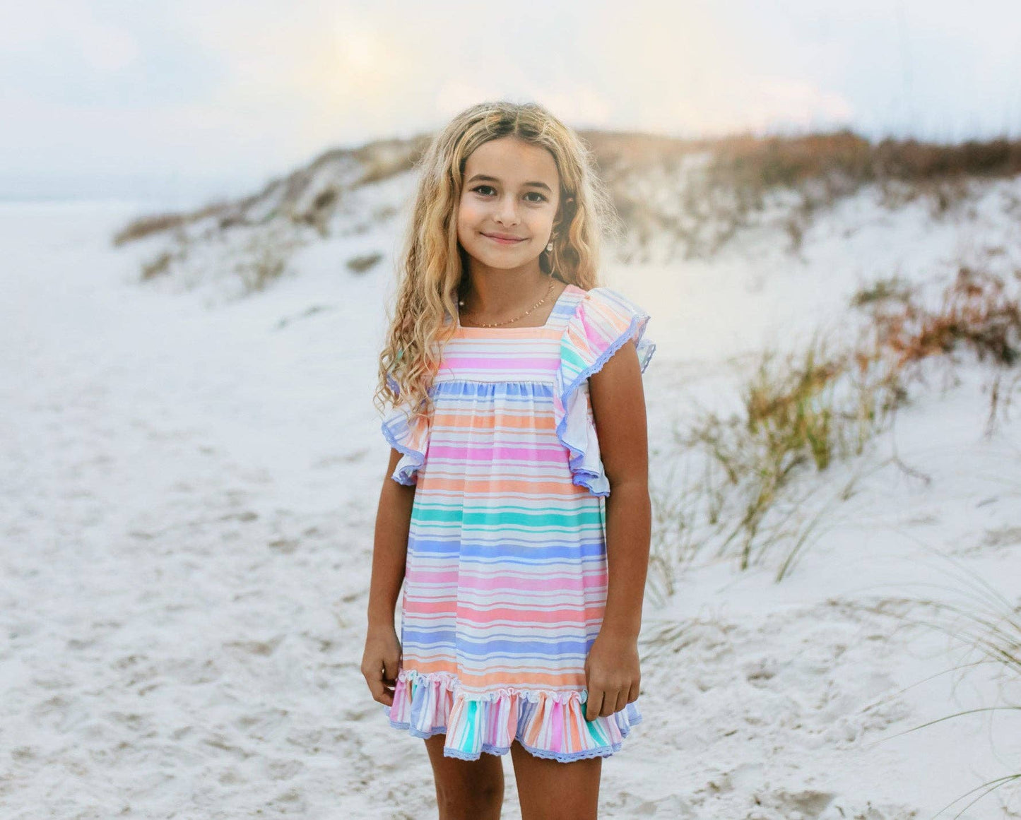 Girls Pastel Rainbow Stripe Ruffles & Lace Spring Dress, available in sizes 2T-10.