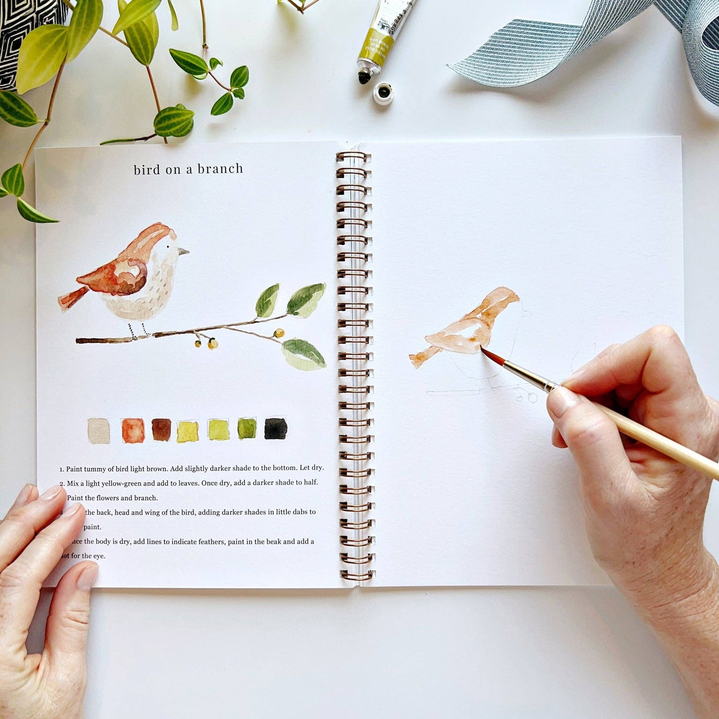 Animals Watercolor Workbook: spiral-bound, animal illustrations, painting steps, color swatches. Sizes available.